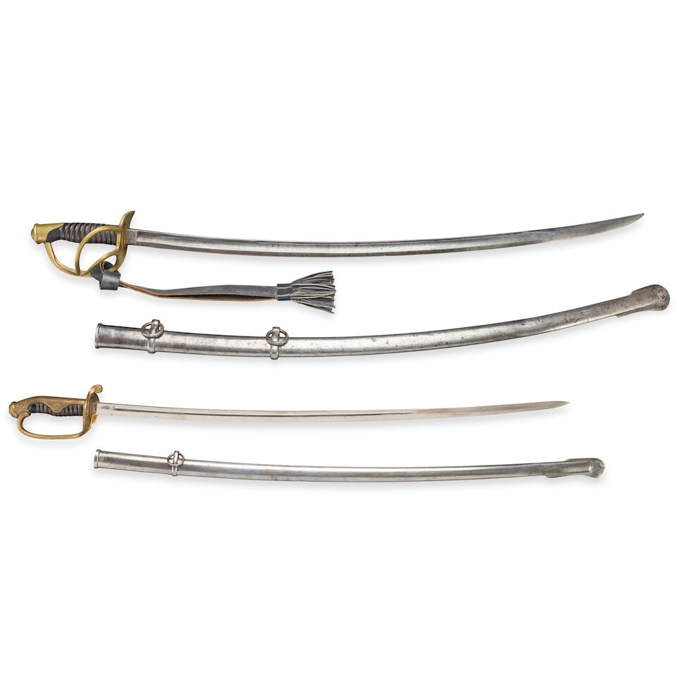 TWO MILITARY SWORDS.: TWO MILITARY SWORDS. A Civil War Ames U.S. Model 1860 Light Cavalry Saber, brass hilt with solid counter-guard having two branches that connect to the knuckle bow which is secured at the base of the p