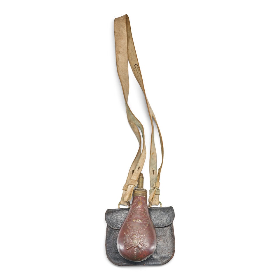 A U.S. RIFLEMAN'S EMBOSSED COPPER POWDER FLASK AND LEATHER POUCH RIG. (1 of 4)