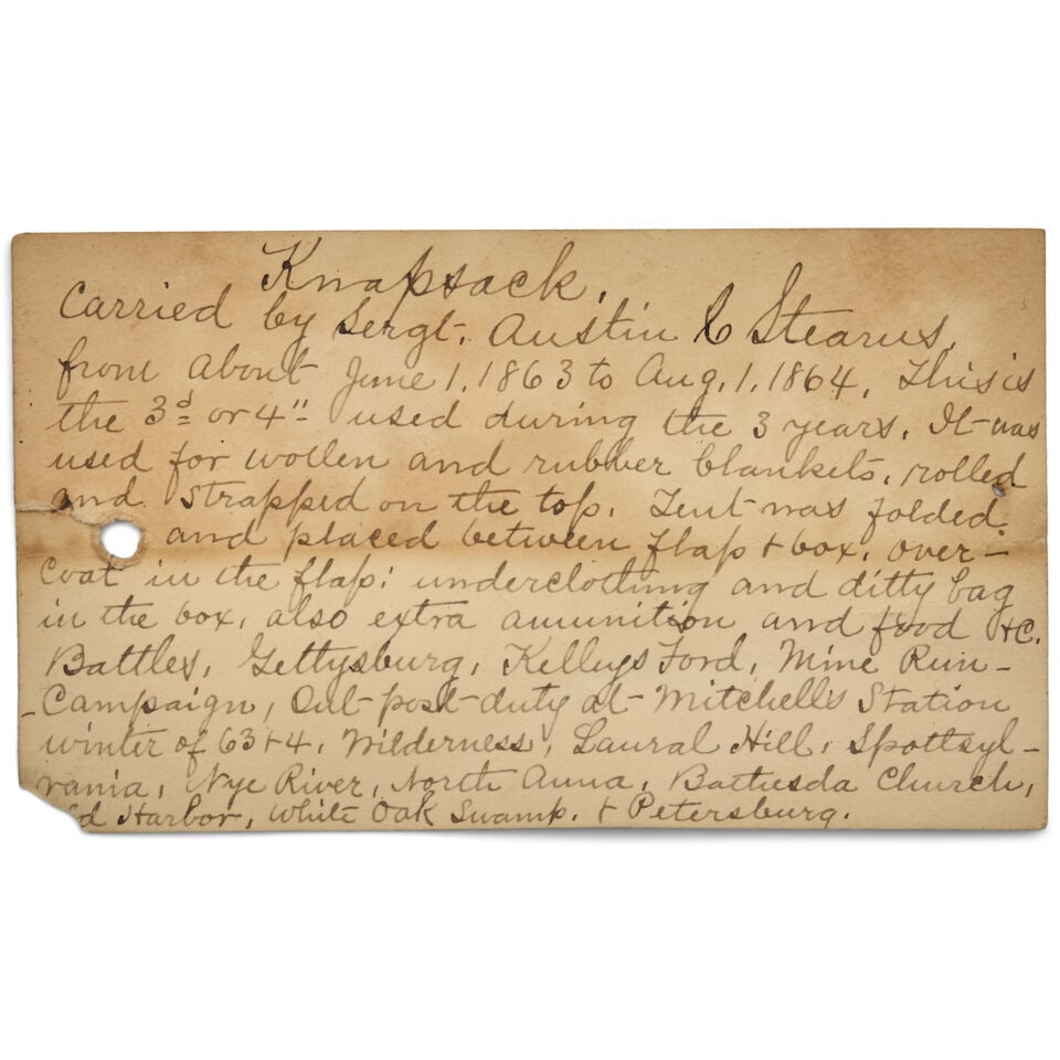 A CIVIL WAR FORAGE CAP AND KNAPSACK BELONGING TO SERGEANT AUSTIN C. STEARNS, 13TH MASSACHUSETTS ... - 5