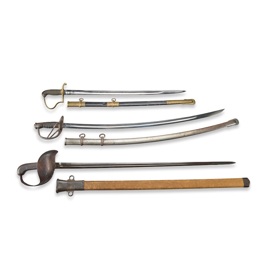 THREE INDIAN WARS TO WORLD WAR I AMERICAN SWORDS.: THREE INDIAN WARS TO WORLD WAR I AMERICAN SWORDS. A Model 1872 Light Artillery Officer's Saber, brass hilt, narrow counter-guard and reverse 'P' knuckle bow connecting to a pommel cap with back