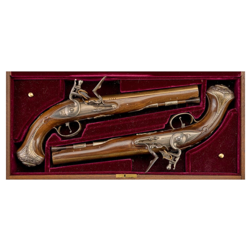 A CASED PAIR OF SILVER-MOUNTED REPRODUCTION GEORGE WASHINGTON FLINTLOCK PISTOLS. - 2