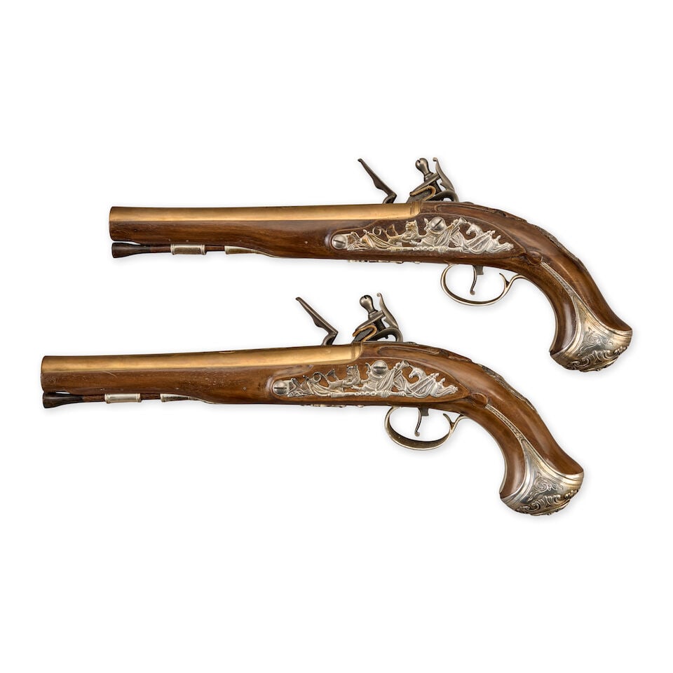 A CASED PAIR OF SILVER-MOUNTED REPRODUCTION GEORGE WASHINGTON FLINTLOCK PISTOLS. - 3
