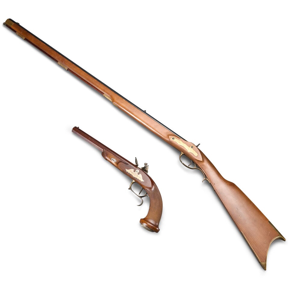 A REPRODUCTION FLINTLOCK PISTOL AND A REPRODUCTION PERCUSSION RIFLE. - 2