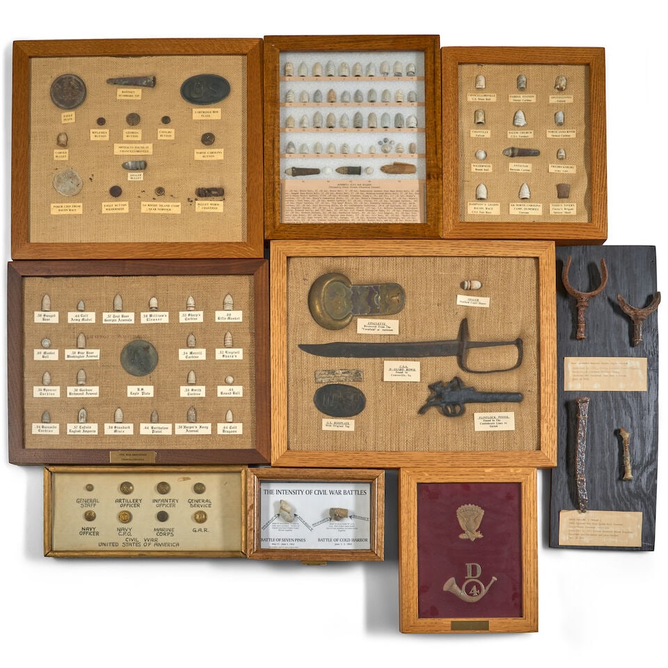 A COLLECTION OF CIVIL WAR RELICS, MOUNTED IN EIGHT FRAMES. (1 of 10)