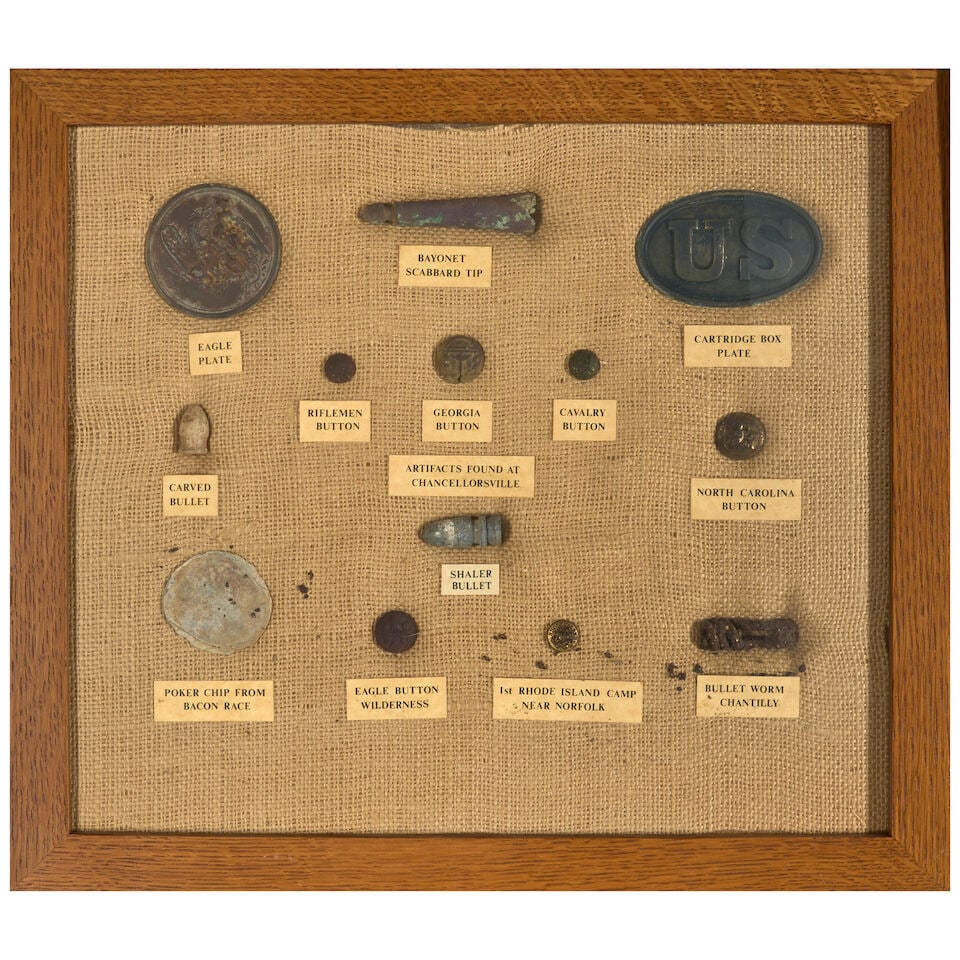 A COLLECTION OF CIVIL WAR RELICS, MOUNTED IN EIGHT FRAMES. - 9