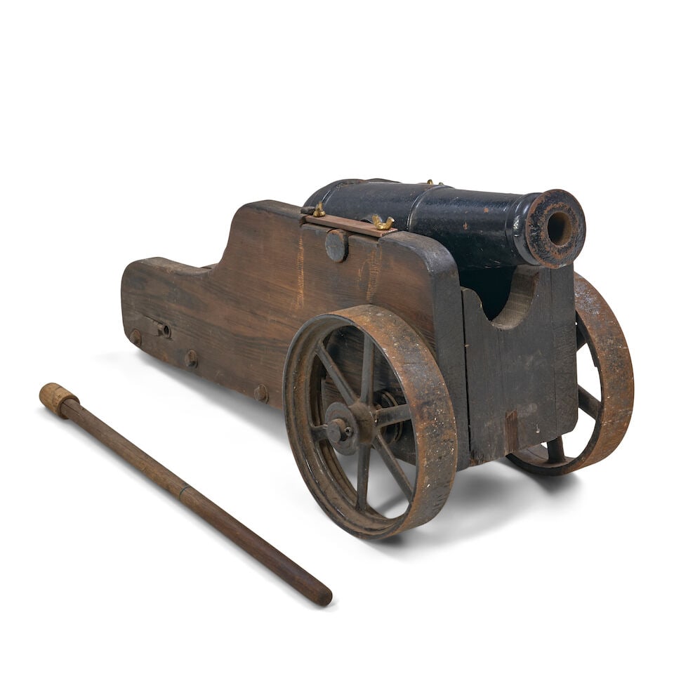 A CAST IRON SWIVEL/BOAT/SIGNAL GUN AND WOOD CARRIAGE, (1 of 3)
