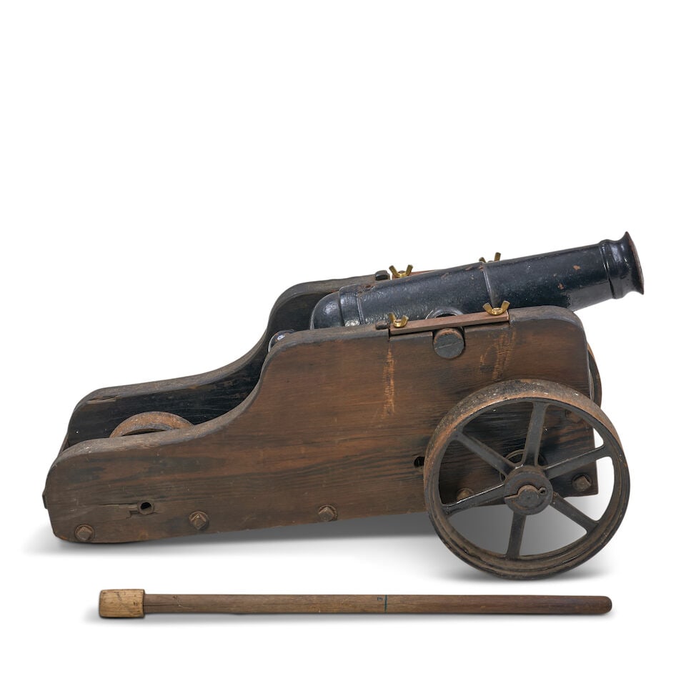 A CAST IRON SWIVEL/BOAT/SIGNAL GUN AND WOOD CARRIAGE, - 3