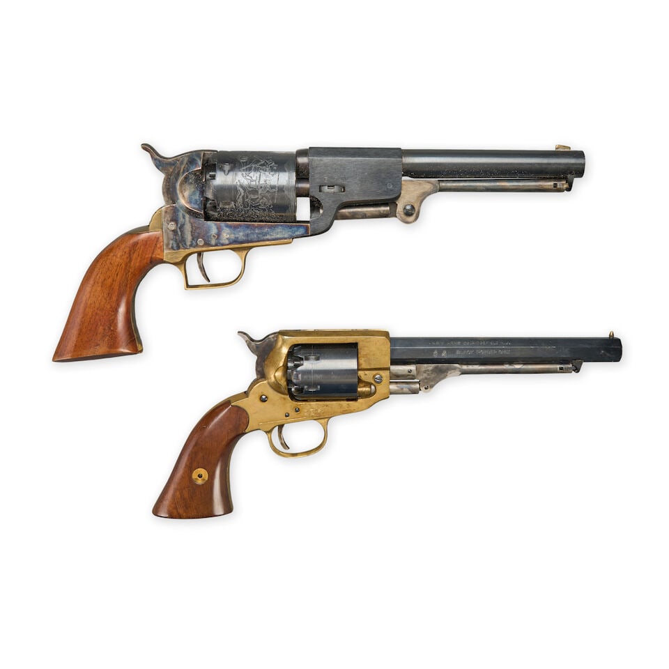 TWO REPRODUCTION CIVIL WAR-TYPE REVOLVERS.: TWO REPRODUCTION CIVIL WAR-TYPE REVOLVERS. An Armi San Marco reproduction Second Model Dragoon revolver, serial number 6098, .44 caliber, blued barrel, blued cylinder with roller engraved scene, case