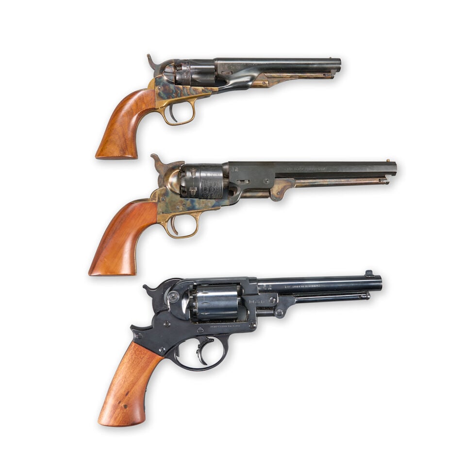 THREE REPRODUCTION PERCUSSION REVOLVERS. (1 of 2)