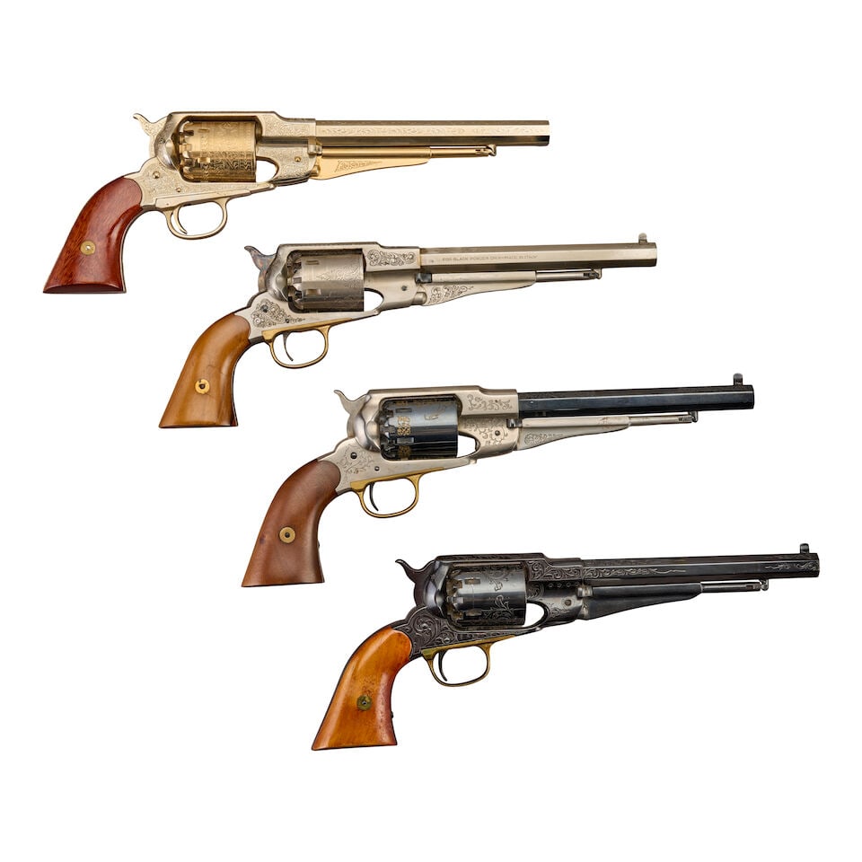 FOUR REPRODUCTION REMINGTON NEW MODEL ARMY PERCUSSION REVOLVERS.