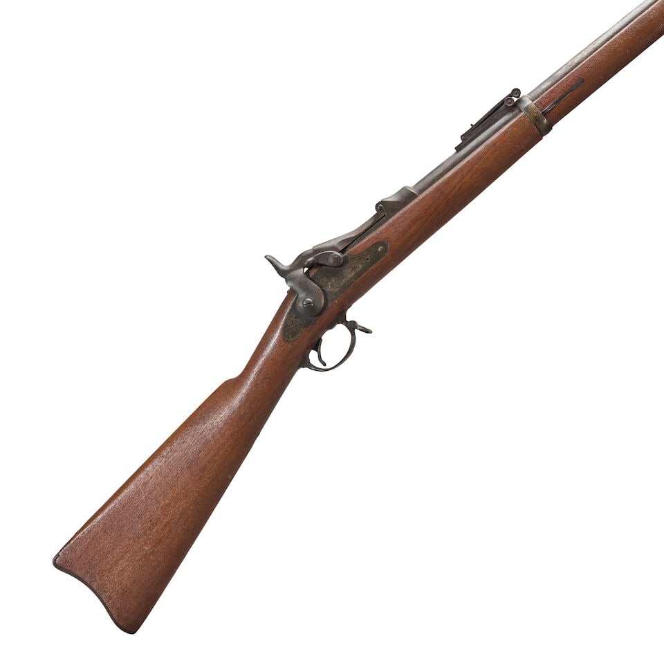 A U.S. MODEL 1884 TRAPDOOR SPRINGFIELD RIFLE AND BAYONET, (1 of 4)