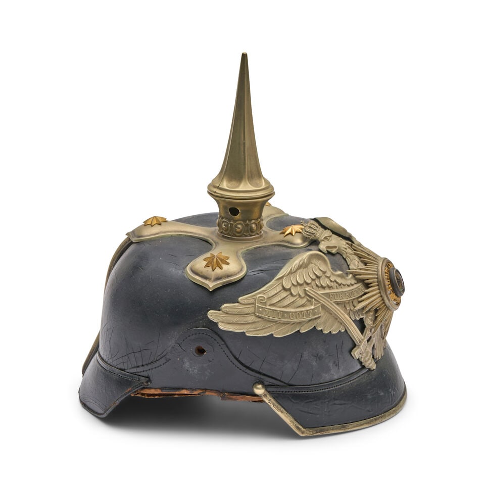 AN IMPERIAL GERMAN GUARDE OFFICER'S SPIKED HELMET AND A MID-19TH CENTURY IMPERIAL KURASSIER HELMET. - 10