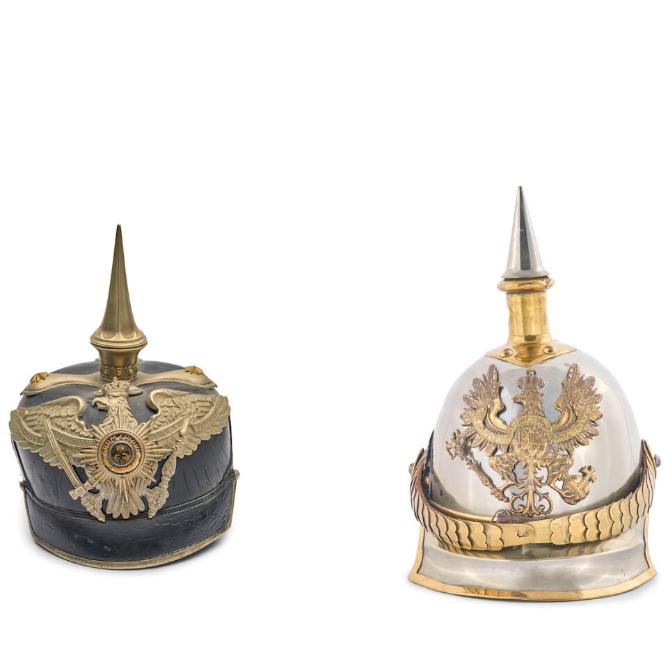 AN IMPERIAL GERMAN GUARDE OFFICER'S SPIKED HELMET AND A MID-19TH CENTURY IMPERIAL KURASSIER HELMET. (1 of 11)