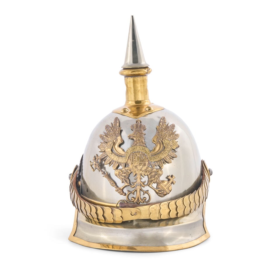 AN IMPERIAL GERMAN GUARDE OFFICER'S SPIKED HELMET AND A MID-19TH CENTURY IMPERIAL KURASSIER HELMET. - 2