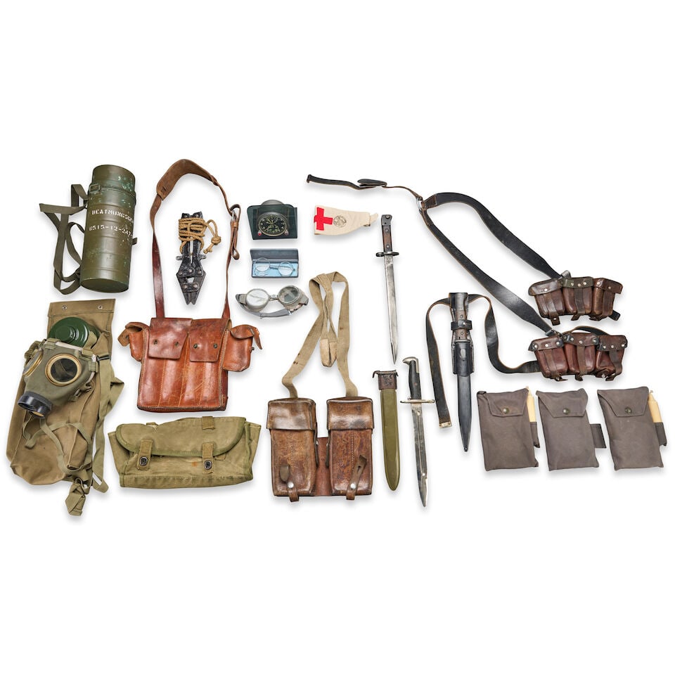 A GROUP OF MOSTLY WORLD WAR II ACCOUTREMENTS, INSTRUMENTS AND BAYONETS. (1 of 1)