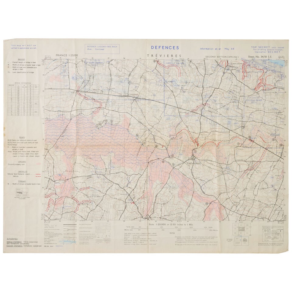 A WORLD WAR II TOP SECRET DEFENSES OF TREVIERES D-DAY INVASION MAP. (1 of 1)