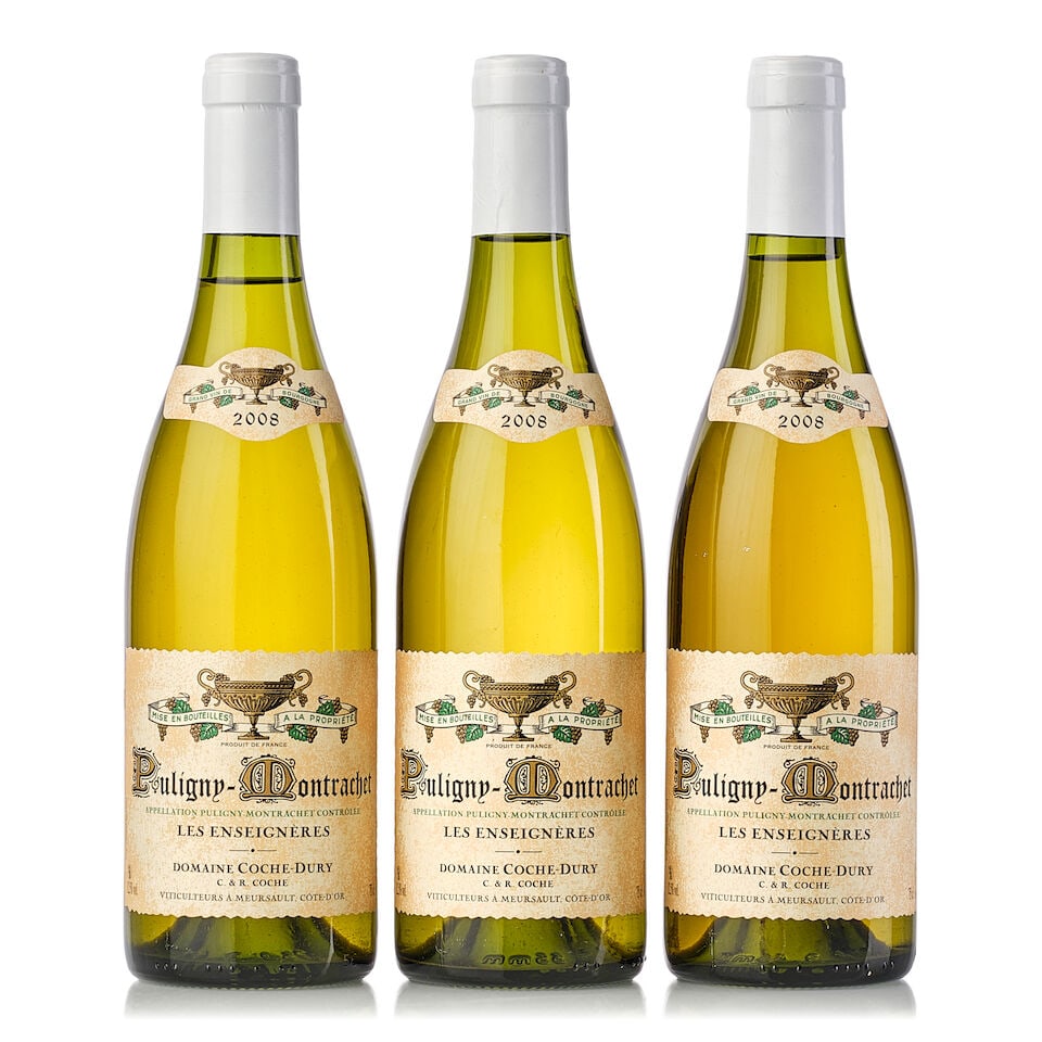 Domaine Coche Dury Puligny Montrachet Les Enseignères, 2008 (3x 750ml): Domaine Coche Dury Puligny Montrachet Les Enseignères, 2008 (3x 750ml) Region: Burgundy Label: 1x slightly marked For further information on this lot please visit Bonhams.com For further informat