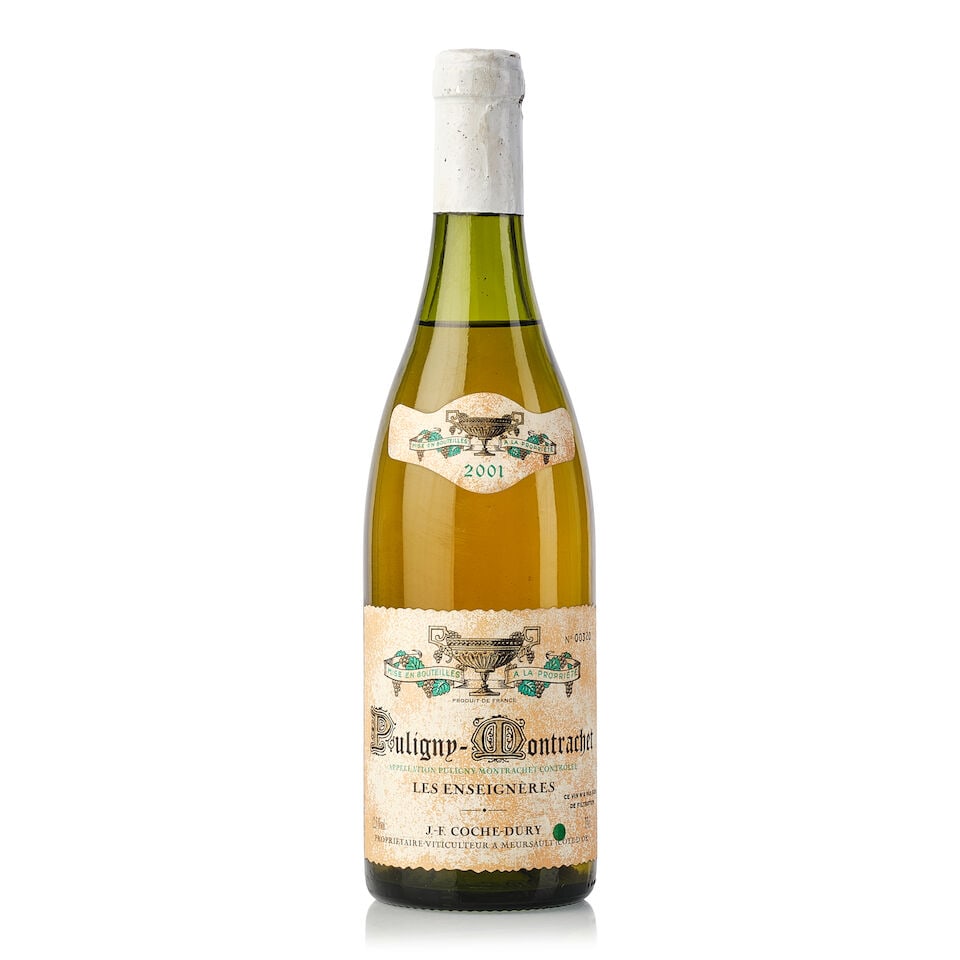 Domaine Coche Dury Puligny Montrachet Les Enseignères, 2001 (1x 750ml): Domaine Coche Dury Puligny Montrachet Les Enseignères, 2001 (1x 750ml) Region: Burgundy Fill Level: 3.5cm Capsule: scuffed, oxidised Cork: signs of old seepage For further information on this lot