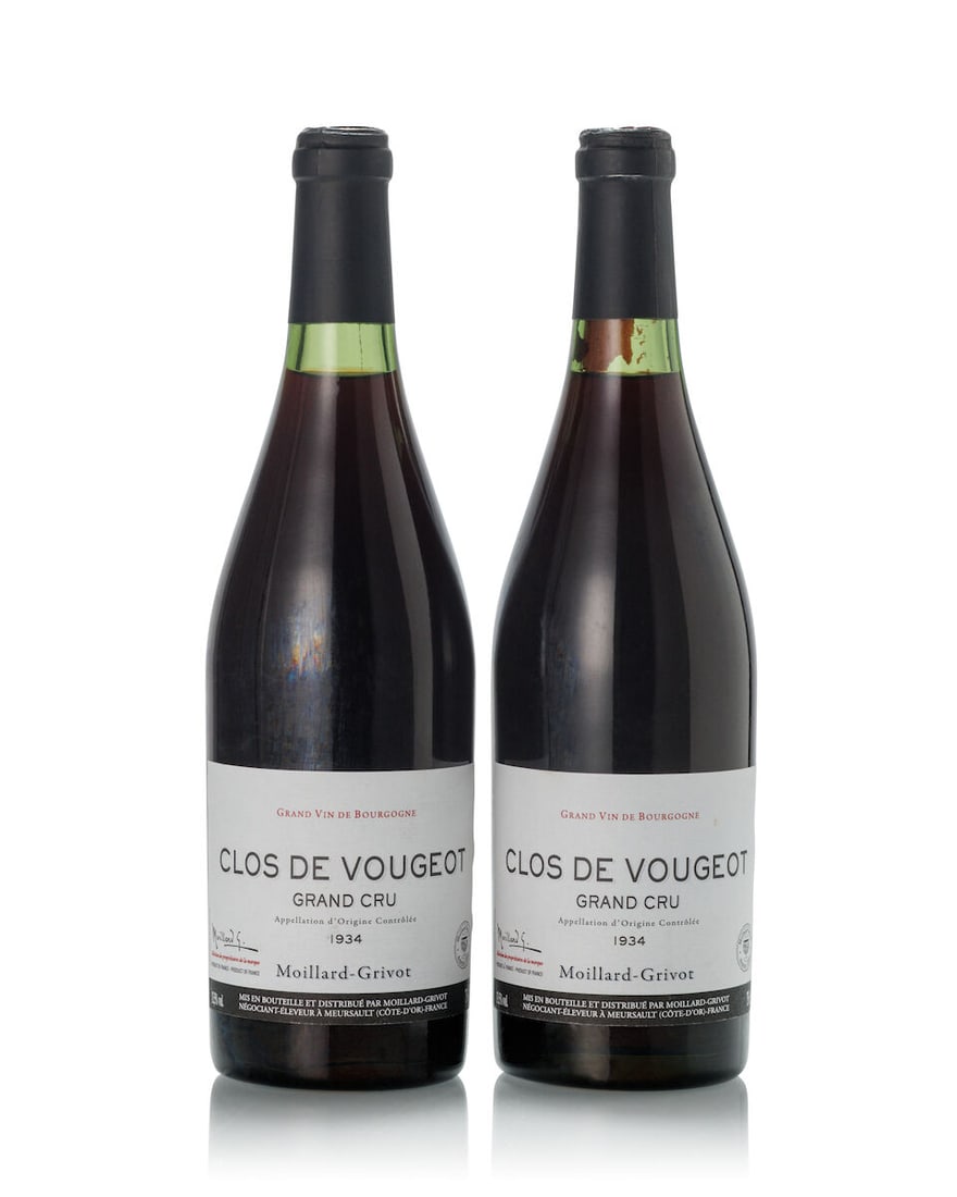 Moillard Grivot Clos de Vougeot, 1934 (2x 750ml): Moillard Grivot Clos de Vougeot, 1934 (2x 750ml) Region: Burgundy Fill Level: 2x 2cm Label: 1x nicked, 2x slightly bin-soiled, 1x wrinkled For further information on this lot please visit Bonhams.com 