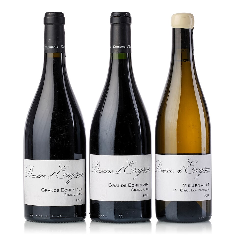 Domaine d'Eugénie Grands Echézeaux, 2010 (1x 750ml) Domaine d'Eugénie Grands Ech&...: Domaine d'Eugénie Grands Echézeaux, 2010 (1x 750ml) Region: Burgundy Capsule: scuffed Label: slightly nicked Domaine d'Eugénie Grands Echézeaux, 2016 (1x 750ml) Region: Burgundy Ca