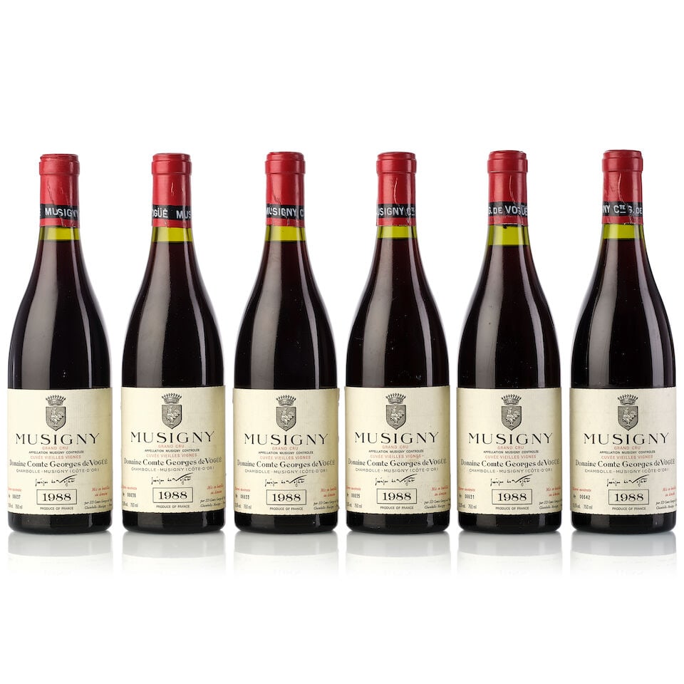 Domaine Comte Georges de Vogüé Musigny Vieilles Vignes, 1988 (6x 750ml): Domaine Comte Georges de Vogüé Musigny Vieilles Vignes, 1988 (6x 750ml) Region: Burgundy Fill Level: 1x 1cm, 5x 1.5cm Capsule: 1x torn, 4x slightly oxidised Cork: 2x signs of old seepage Lab
