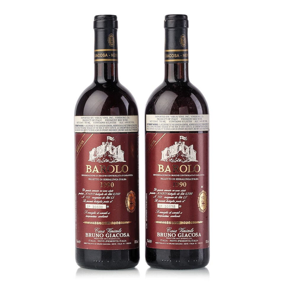 Bruno Giacosa Barolo Riserva Falletto di Serralunga d'Alba, 1990 (2x 750ml): Bruno Giacosa Barolo Riserva Falletto di Serralunga d'Alba, 1990 (2x 750ml) Region: Italy Fill Level: 1x base neck, 1x into neck Capsule: 2x damaged strip Cork: 2x slightly depressed Label: 1x slightl