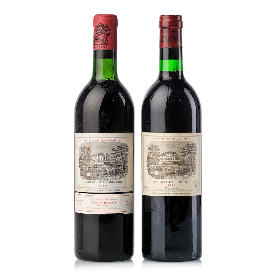 Château Lafite Rothschild, 1964 (1x 750ml) Château Lafite Rothschild, 1978 (1x 750ml): Château Lafite Rothschild, 1964 (1x 750ml) Region: Bordeaux Fill Level: base neck Cork: slightly protruded Label: stained, scuffed Château Lafite Rothschild, 1978 (1x 750ml) Region: Bordeaux