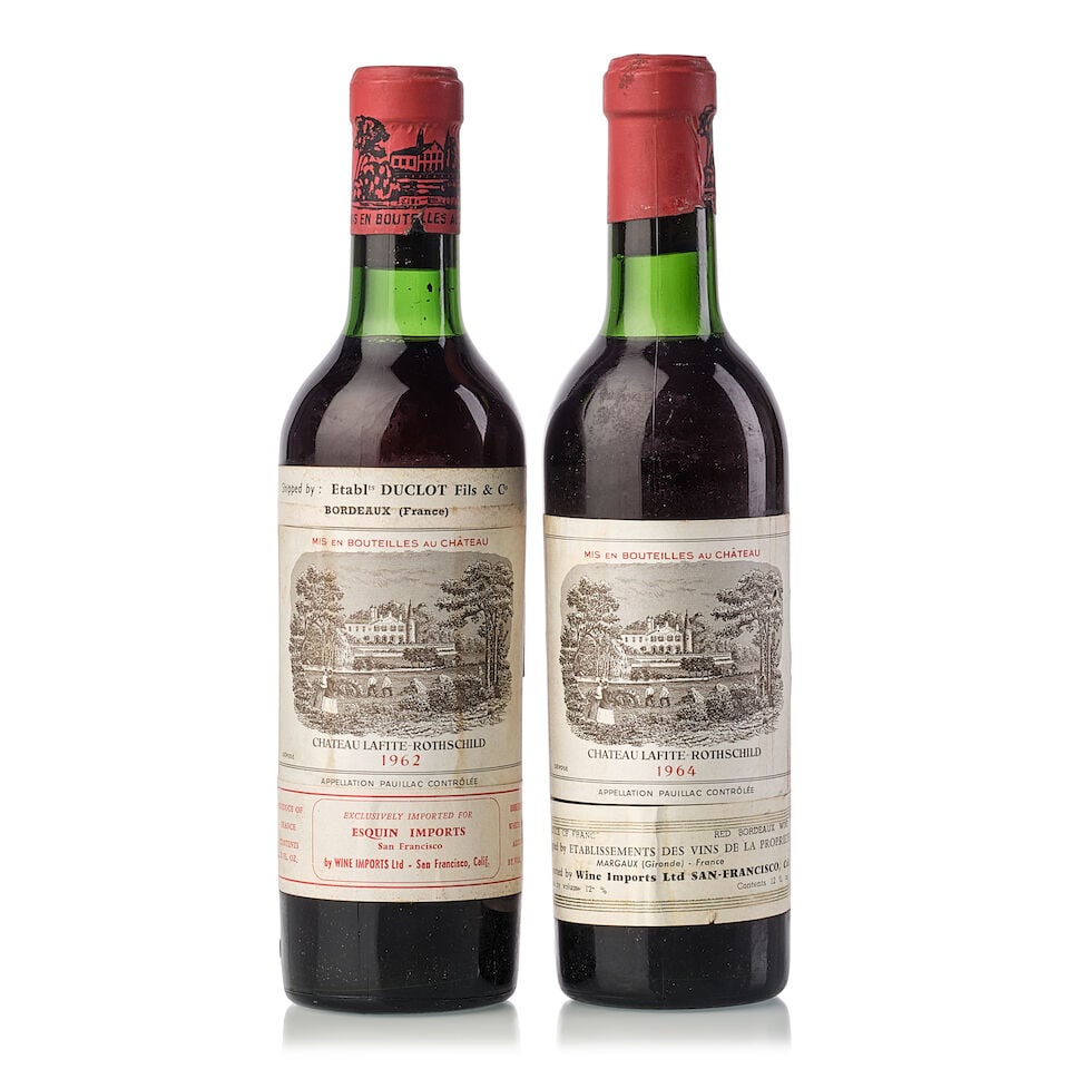 Château Lafite Rothschild, 1962 (1x 375ml) Château Lafite Rothschild, 1964 (1x 375ml): Château Lafite Rothschild, 1962 (1x 375ml) Region: Bordeaux Fill Level: very top shoulder Capsule: slightly torn Label: stained Château Lafite Rothschild, 1964 (1x 375ml) Region: Bordeaux Fi