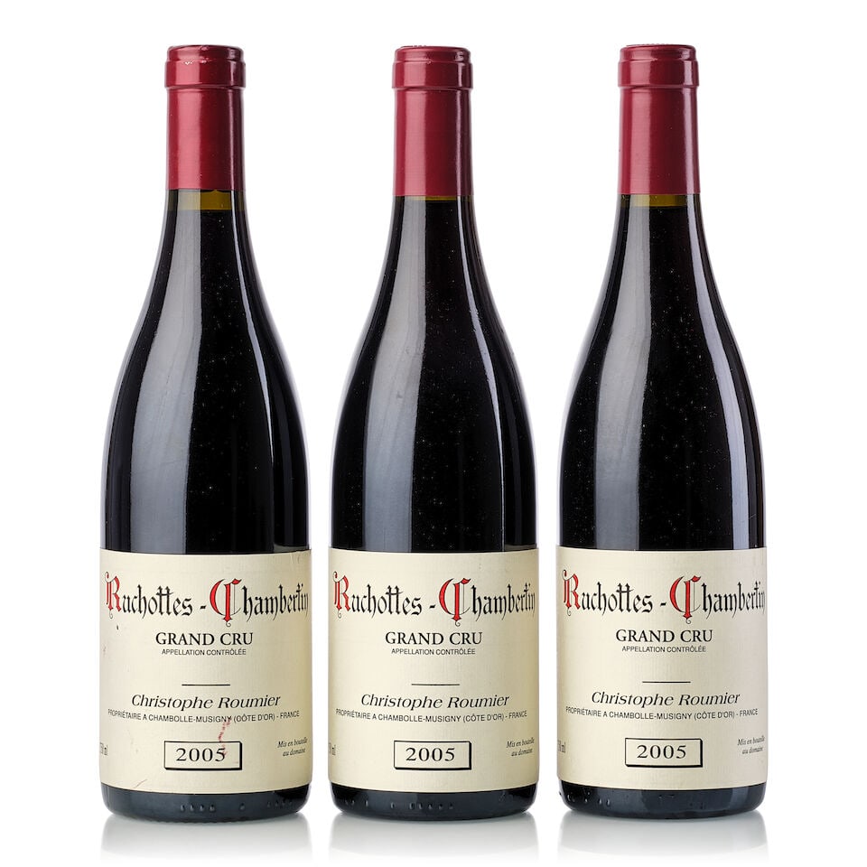 Christophe Roumier Ruchottes Chambertin, 2005 (3x 750ml): Christophe Roumier Ruchottes Chambertin, 2005 (3x 750ml) Region: Burgundy Capsule: 1x slightly torn, 1x slightly scuffed Label: 1x slightly nicked, 1x slightly stained Miscellaneous: different importe
