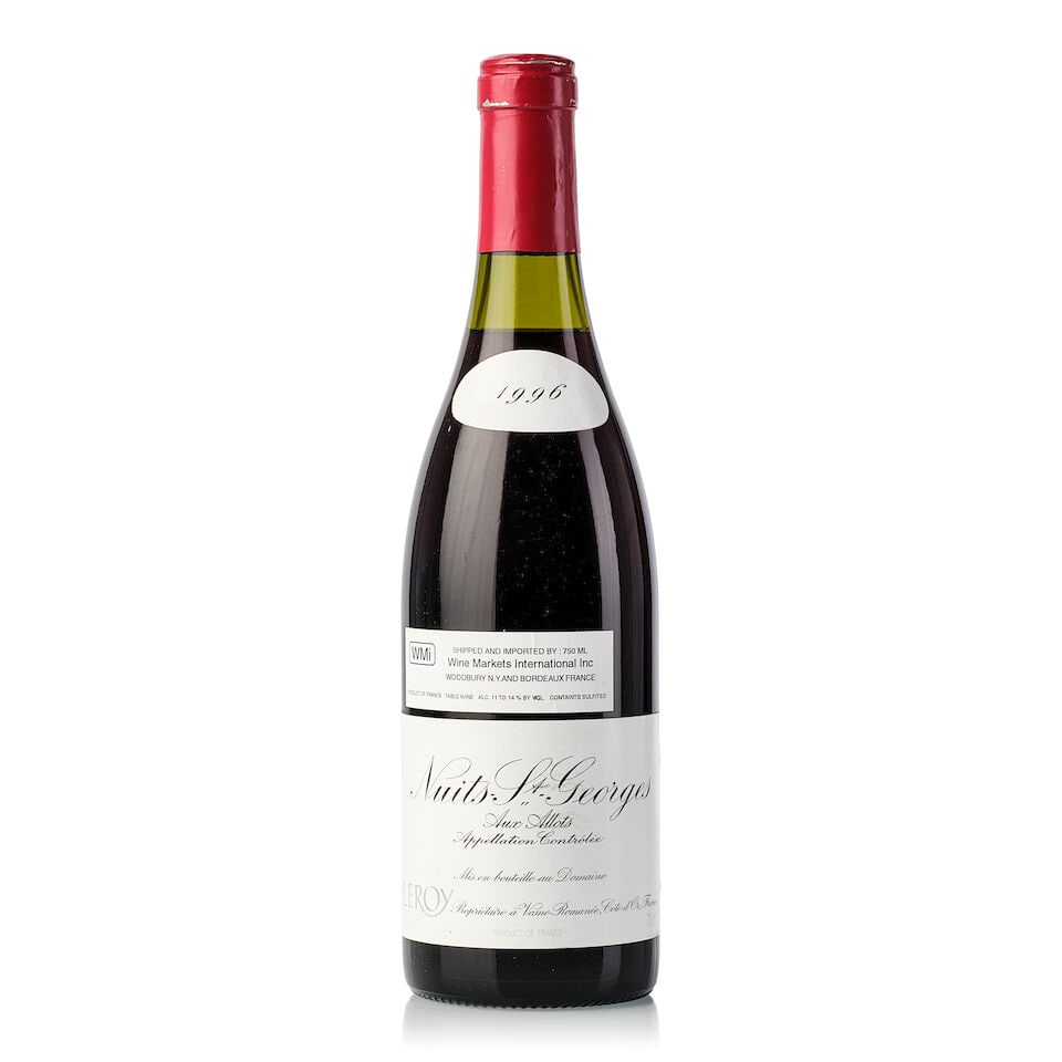 Domaine Leroy Nuits St. Georges Aux Allots, 1996 (1x 750ml): Domaine Leroy Nuits St. Georges Aux Allots, 1996 (1x 750ml) Region: Burgundy Fill Level: 2.5cm Capsule: scuffed Miscellaneous: 2048 bottles produced For further information on this lot please visit