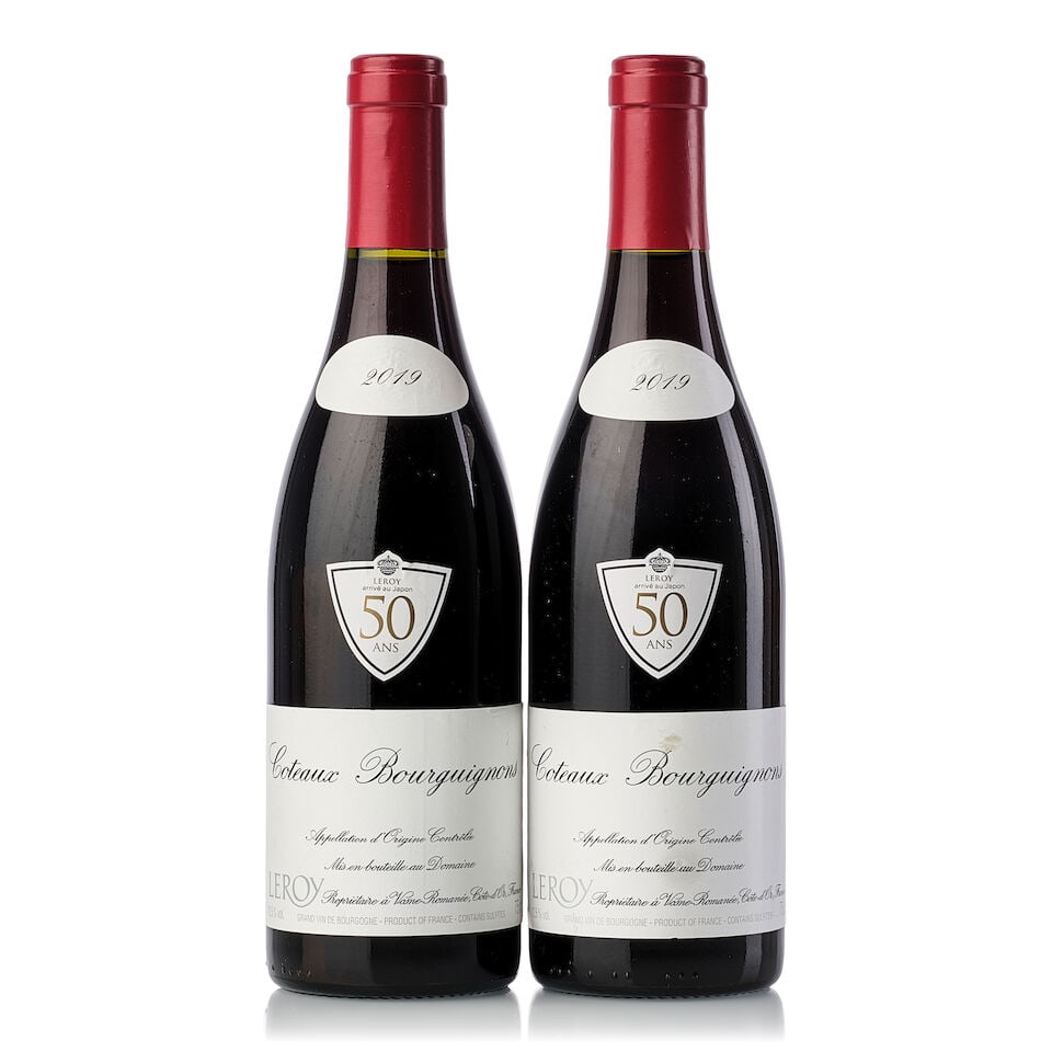 Domaine Leroy Coteaux Bourguignons, 2019 (2x 750ml): Domaine Leroy Coteaux Bourguignons, 2019 (2x 750ml) Region: Burgundy Label: 1x slightly scuffed front and back labels, 1x stained back label Miscellaneous: 2x Japanese Importer label, 1823 bottles pro