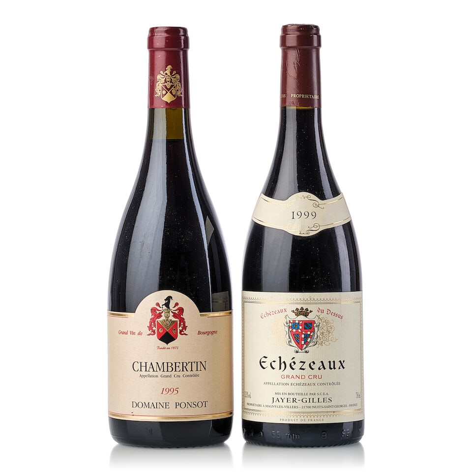 Domaine Jayer-Gilles Echézeaux, 1999 (1x 750ml) Domaine Ponsot Chambertin, 1995 (1x 750ml): Domaine Jayer-Gilles Echézeaux, 1999 (1x 750ml) Region: Burgundy Fill Level: 0.5cm Label: slightly stained Domaine Ponsot Chambertin, 1995 (1x 750ml) Region: Burgundy Fill Level: 2cm For further 