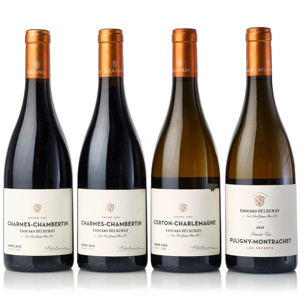 Edouard Delaunay Charmes Chambertin, 2018 (2x 750ml) Edouard Delaunay Corton Charlemagne, 2020 (...: Edouard Delaunay Charmes Chambertin, 2018 (2x 750ml) Region: Burgundy Capsule: slightly scuffed Label: slightly scuffed Miscellaneous: 1161 bottles and 12 magnums produced Edouard Delaunay Corton Char