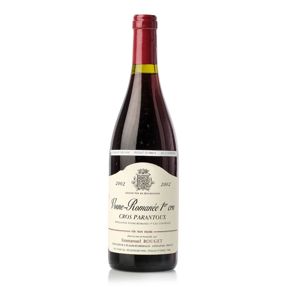 Domaine Emmanuel Rouget Vosne Romanée Cros Parantoux, 2002 (1x 750ml): Domaine Emmanuel Rouget Vosne Romanée Cros Parantoux, 2002 (1x 750ml) Region: Burgundy Label: slightly scuffed, slightly marked For further information on this lot please visit Bonhams.com For fu