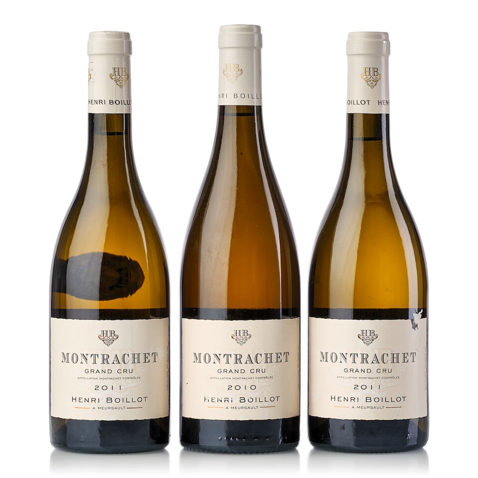 Domaine Henri Boillot Montrachet, 2010 (1x 750ml) Domaine Henri Boillot Montrachet, 2011 (2x 750ml): Domaine Henri Boillot Montrachet, 2010 (1x 750ml) Region: Burgundy Label: scuffed Domaine Henri Boillot Montrachet, 2011 (2x 750ml) Region: Burgundy Cork: 1x signs of old seepage Label: 1x nicked For 