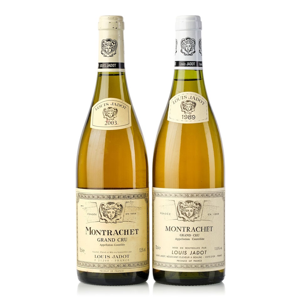 Louis Jadot Montrachet, 1989 (1x 750ml) Louis Jadot Montrachet, 2003 (1x 750ml): Louis Jadot Montrachet, 1989 (1x 750ml) Region: Burgundy Fill Level: 1cm Louis Jadot Montrachet, 2003 (1x 750ml) Region: Burgundy Capsule: scuffed Cork: slightly depressed Label: slightly scuffed labe