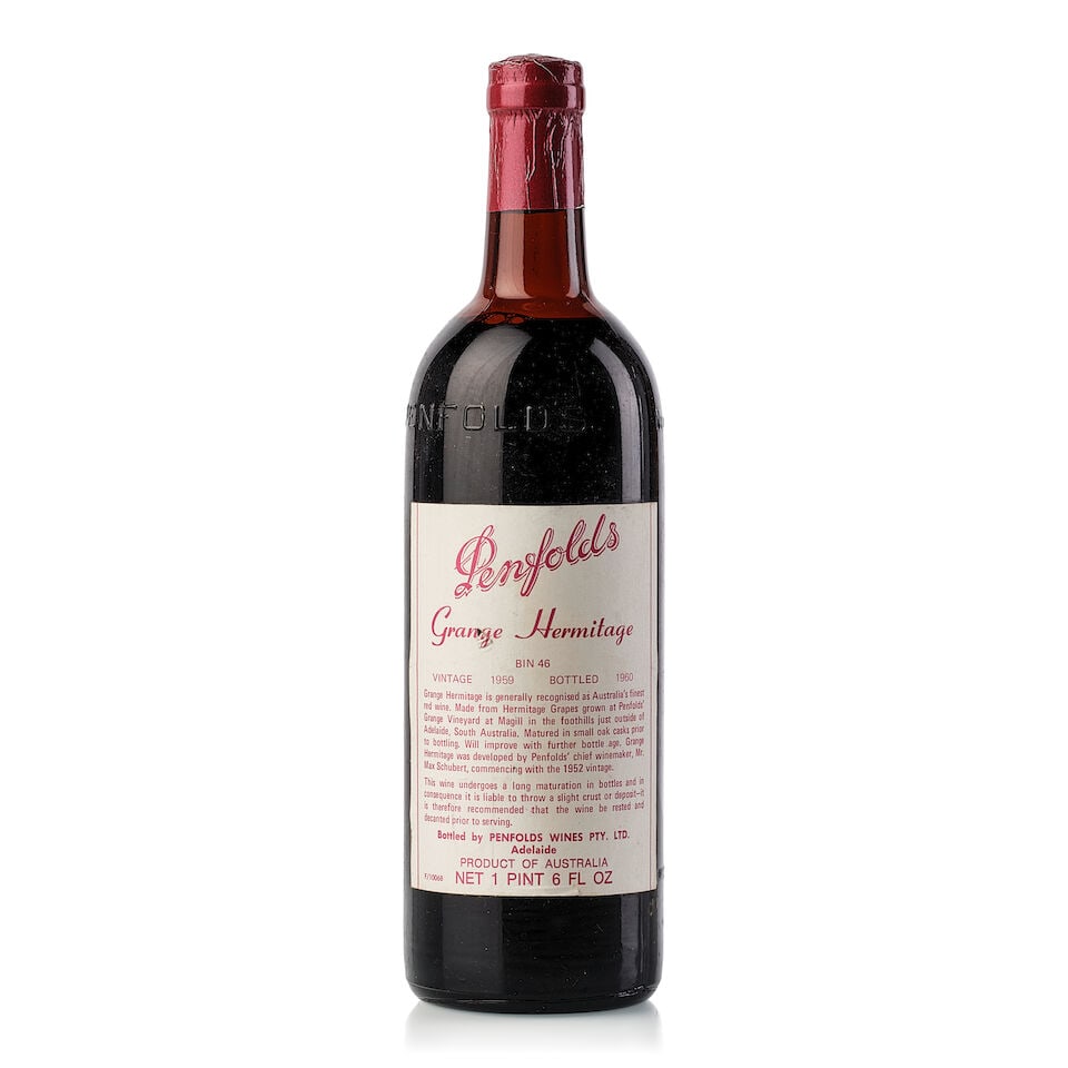 Penfolds Grange Hermitage, 1959 (1x 650ml): Penfolds Grange Hermitage, 1959 (1x 650ml) Region: Australia Fill Level: top shoulder Capsule: wrinkled and slightly scuffed Cork: slightly protruded Label: slightly nicked, slightly torn, slightly bi