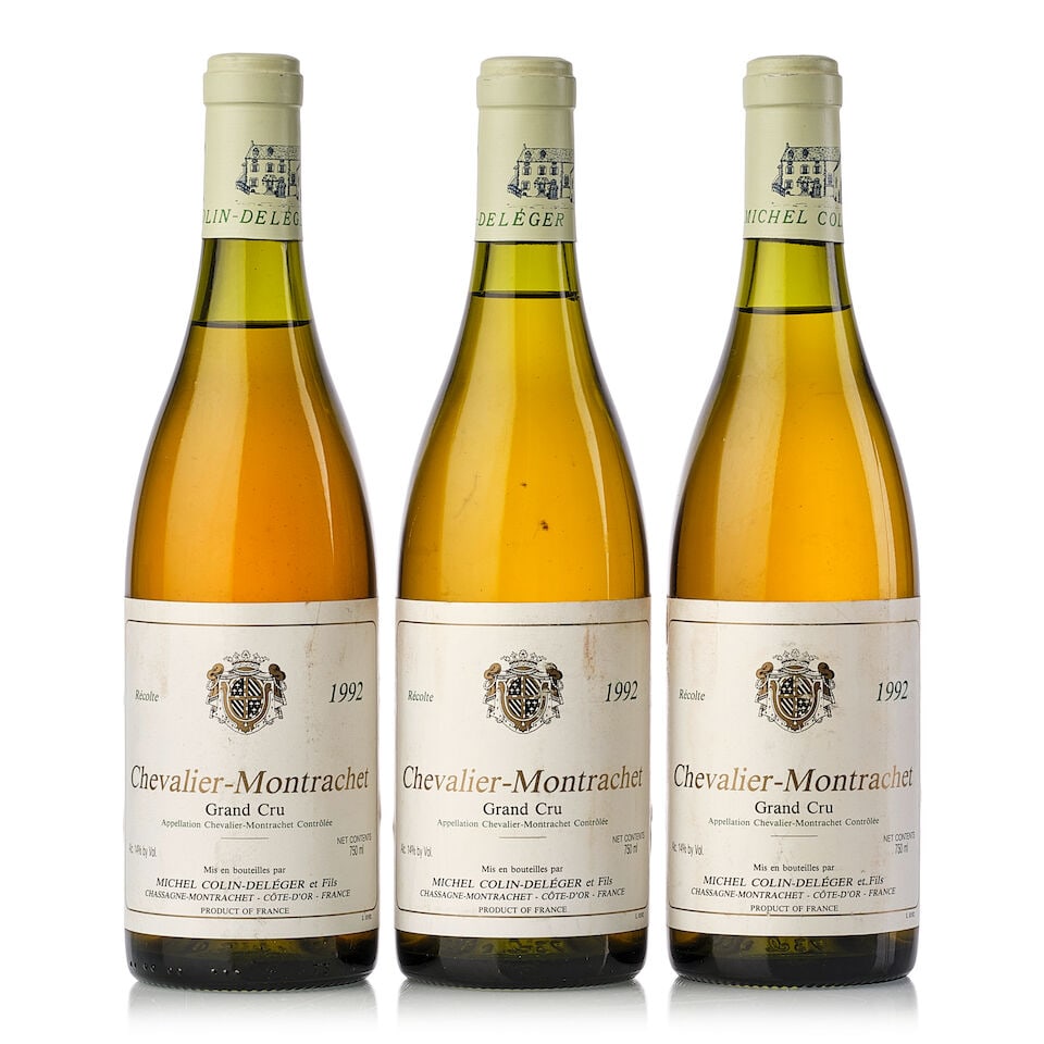 Michel-Colin-Deleger Chevalier Montrachet, 1992 (3x 750ml): Michel-Colin-Deleger Chevalier Montrachet, 1992 (3x 750ml) Region: Burgundy Fill Level: 1x 1.5cm, 1x 2cm, 1x 2.5cm Cork: 3x slightly depressed, 3x signs of old seepage Label: 3x slightly scuffed, 3x s