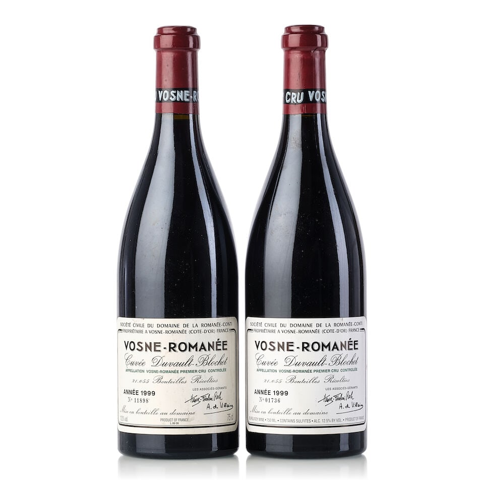 Domaine de la Romanée-Conti Vosne Romanée 1er Cru Cuvée Duvault Blochet, 1999 (2x...: Domaine de la Romanée-Conti Vosne Romanée 1er Cru Cuvée Duvault Blochet, 1999 (2x 750ml) Region: Burgundy Fill Level: 2x 0.5cm Capsule: 1x slightly wrinkled Label: 1x slightly nicked, 2