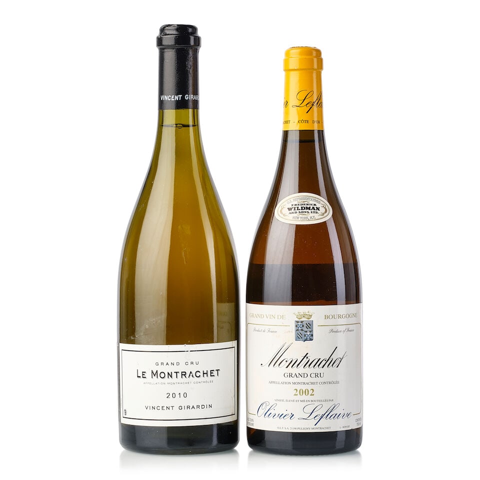 Olivier Leflaive Montrachet, 2002 (1x 750ml) Vincent Girardin Montrachet, 2010 (1x 750ml): Olivier Leflaive Montrachet, 2002 (1x 750ml) Region: Burgundy Cork: slightly protruded Label: slightly bin-soiled, slightly marked Vincent Girardin Montrachet, 2010 (1x 750ml) Region: Burgundy Capsule
