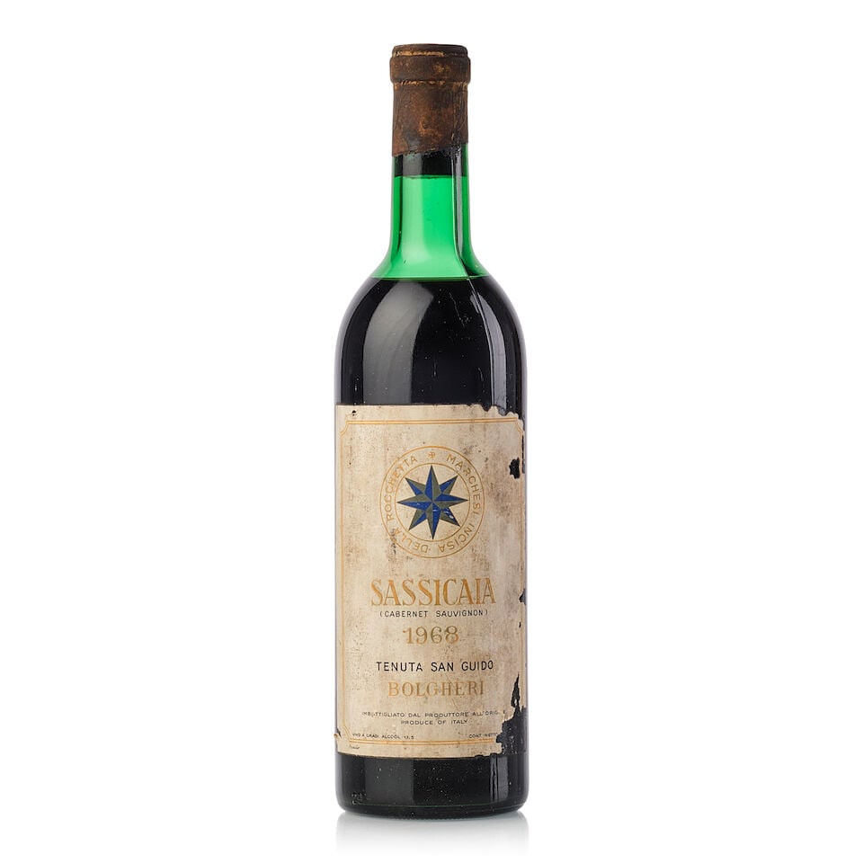 Sassicaia, 1968 (1x 750ml): Sassicaia, 1968 (1x 750ml) Region: Italy Fill Level: top shoulder Capsule: heavily oxidised Label: torn, heavily damp-stained For further information on this lot please visit Bonhams.com For further i
