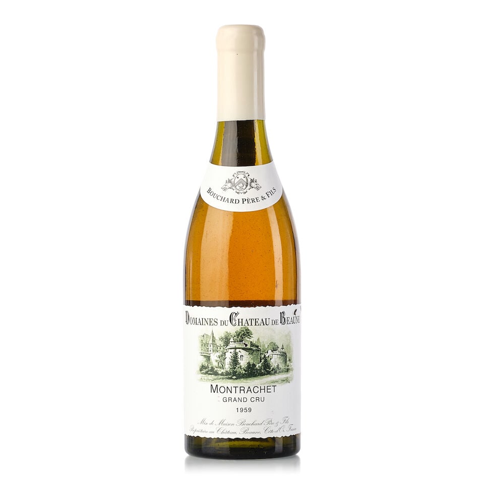 Domaine Bouchard Père et Fils Montrachet, 1959 (1x 750ml): Domaine Bouchard Père et Fils Montrachet, 1959 (1x 750ml) Region: Burgundy Fill Level: into wax Capsule: wax capsule Label: slightly marked, torn Miscellaneous: Released in 2024, Provenance: Dire