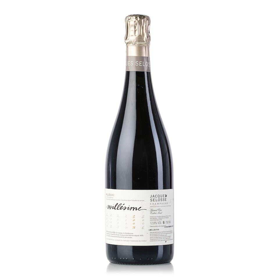 Jacques Selosse Millésime, 2005 (1x 750ml): Jacques Selosse Millésime, 2005 (1x 750ml) Region: Champagne Label: scuffed Miscellaneous: disgorged 25 November2015 For further information on this lot please visit Bonhams.com For further infor