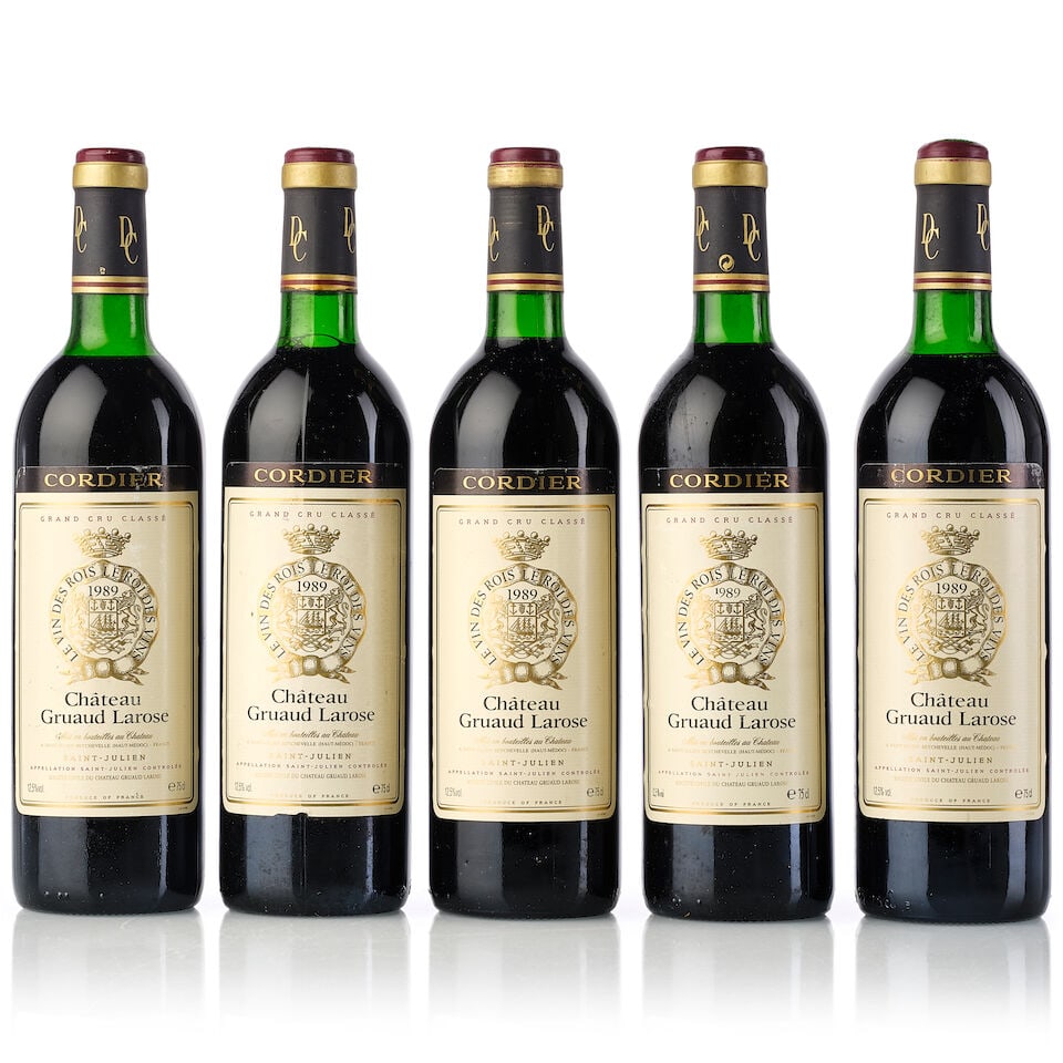 Château Gruaud Larose, 1989 (5x 750ml): Château Gruaud Larose, 1989 (5x 750ml) Region: Bordeaux Fill Level: 2x very top shoulder, 1x top shoulder, 2x upper shoulder Capsule: 4x slightly scuffed Cork: 1x slightly protruded Label: 5x sli