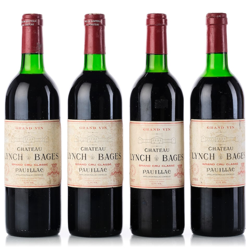 Château Lynch Bages, 1986 (3x 750ml) Château Lynch Bages, 1987 (1x 750ml): Château Lynch Bages, 1986 (3x 750ml) Region: Bordeaux Fill Level: 1x top shoulder, 2x upper shoulder Capsule: 3x stained, 2x slightly corroded, 1x corroded, 1x slightly scuffed, 2x scuffed Label: