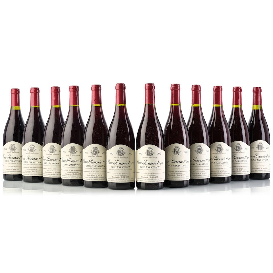 Domaine Emmanuel Rouget Vosne Romanée Cros Parantoux, 2003 (12x 750ml): Domaine Emmanuel Rouget Vosne Romanée Cros Parantoux, 2003 (12x 750ml) Region: Burgundy Cork: 2x slightly protruded, 1x signs of old seepage Packaging: oc For further information on this lot plea