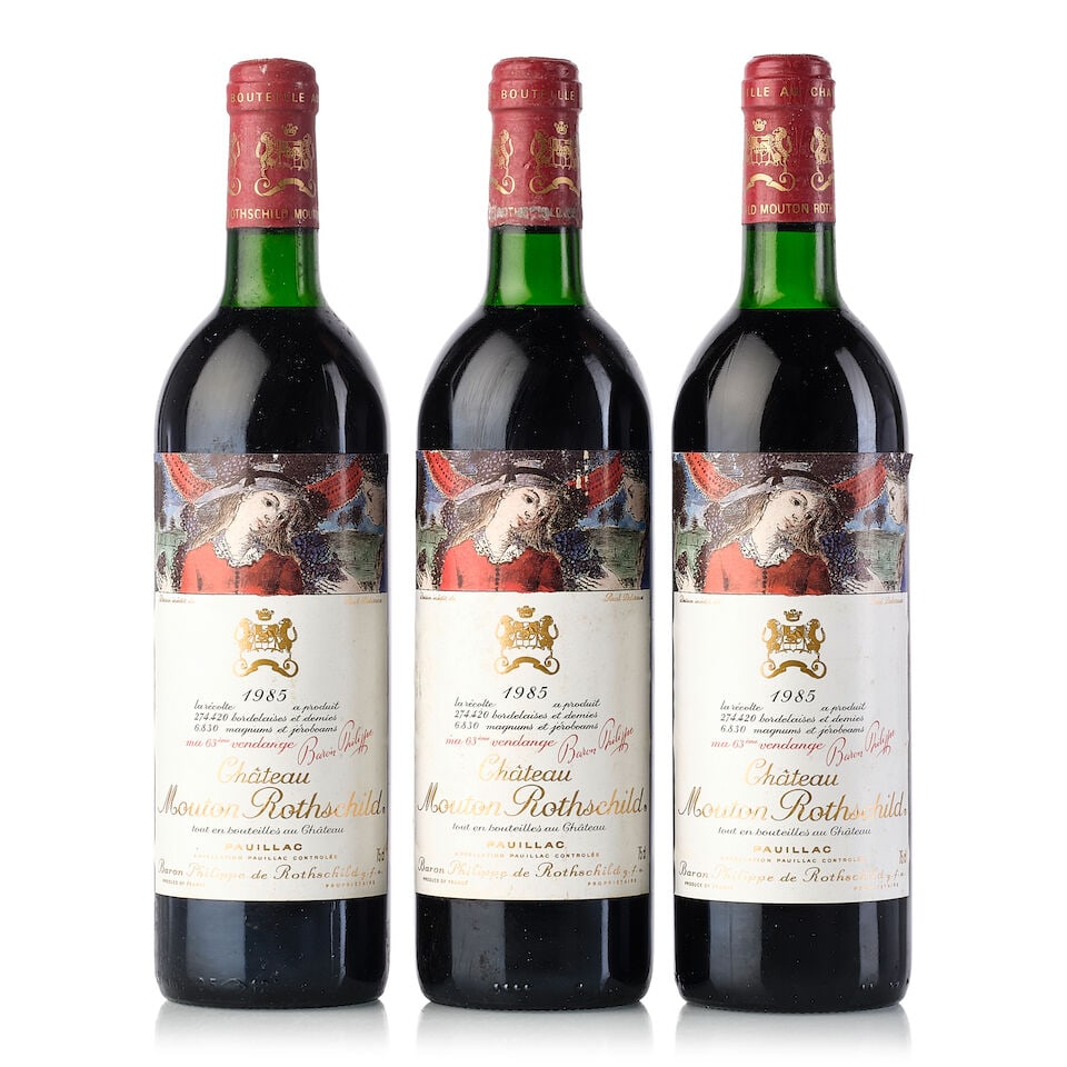 Château Mouton Rothschild, 1985 (3x 750ml): Château Mouton Rothschild, 1985 (3x 750ml) Region: Bordeaux Fill Level: 3x top shoulder Capsule: 1x slightly scuffed, 3x oxidised Cork: 3x slightly protruded Label: 2x slightly bin-soiled, 1x bin