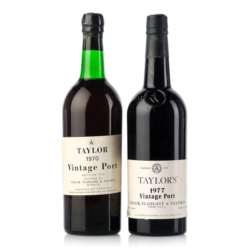 Taylor Vintage Port, 1970 (1x 750ml) Taylor's Vintage Port, 1977 (1x 750ml): Taylor Vintage Port, 1970 (1x 750ml) Region: Portugal Fill Level: very top shoulder Capsule: slightly stained, corroded Cork: slightly protruded, signs of old seepage Label: slightly detached, bin-soi