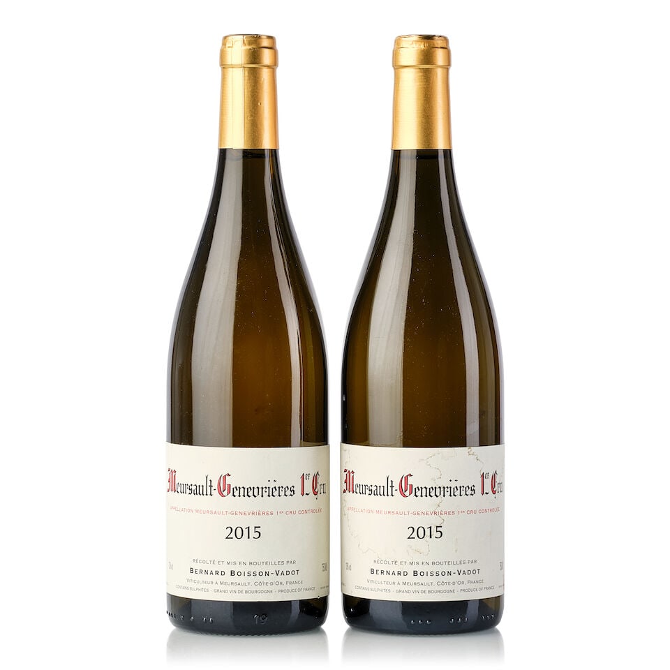 Domaine Boisson Vadot Meursault Les Chevalières, 2015 (2x 750ml): Domaine Boisson Vadot Meursault Les Chevalières, 2015 (2x 750ml) Region: Burgundy Cork: 2x slightly depressed Label: 1x slightly wrinkled, 1x damp-stained For further information on this lot plea