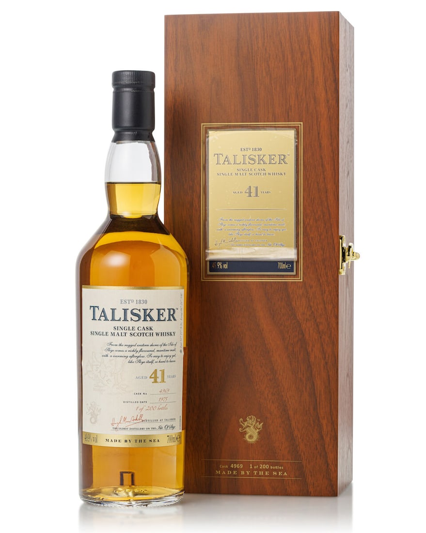 Talisker 41 Year Old Cask# 4969, 1975 (1x 700ml): Talisker 41 Year Old Cask# 4969, 1975 (1x 700ml) Region: Island Fill Level: into neck Label: good label Packaging: original wooden case Alcohol content: 49.9% ABV Notes: Distilled and Bottled at Talis